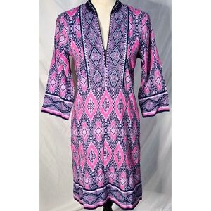 Bella Tu Shift Dress Ikat Pink Navy Blue Embroidered Cotton Boho